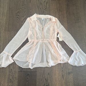 TWIK (Simons) Sheer Bell Sleeve Blouse – NWT | Blush Peach Ruffle Top